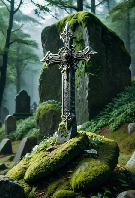 A detailed image of an enchanted medieval fantasy sword thrust into a large, clean boulder that serves as a gravestone. The sword is vertical, resembling a cross, with the blade driven in slightly more than halfway. The sword appears ancient, with a slightly glowing blade and intricate details on the hilt. The boulder is clean and solid, not covered in moss, and the grave is relatively new. The scene is somber and mystical, set in a quiet, slightly overgrown graveyard.