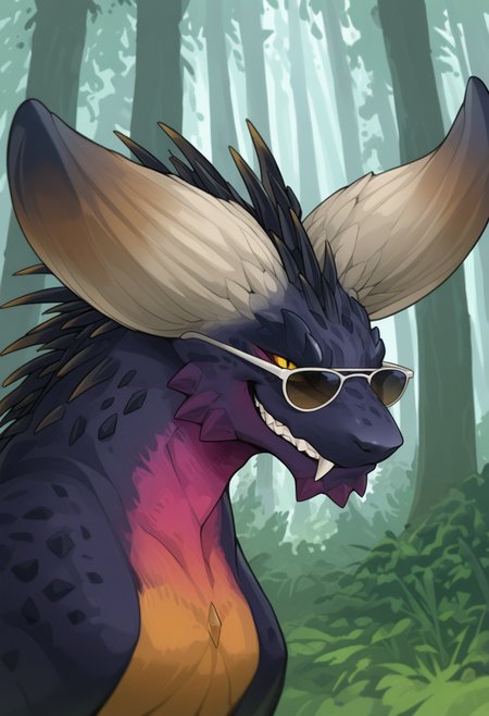 <lora:MH_Nergigante_a1_1_NoobXL-eps:1>,<lora:EatSleep1111StyleSDXL11:0.7>,<lora:merrytailSDXLstyle:0.3>,eatsleep1111,merrytail,masterpiece,best quality,amazing quality,high quality,very aesthetic,absurdres,newest,shaded,digital media \(artwork\),depth of field,mhnrgi,solo,feral,detailed background,forest,yellow eyes,no sclera,slit pupils,smirk,sunglasses,side view,headshot portrait,wings,spikes,