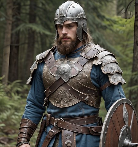 RAW photo, (masterpiece:1.3), subsurface scattering, heavy shadow, (high quality:1.4), (intricate, high detail:1.2), professional photography, HDR, High Dynamic Range, realistic, ultra realistic, photorealistic, high resolution, film photography, ambient lighting, atmospheric effects, <lora:detail_slider_v4:2>, OverallDetail,  <lora:VikingArmor1:0.56> , 1boy, beard, wild hair, helmet, breastplate, male focus, pauldrons, solo, holding shield, upper body shot, vikar