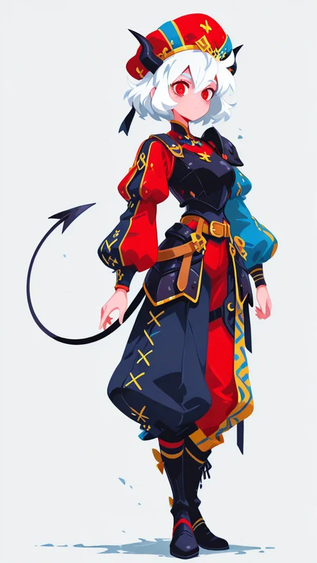 masterpiece, best quality, good quality, newest, highres, absurdres, flat, minimalist style, Full body,  vintage anime, 90s anime, LKAV1.0, landsknecht, armor, belt, breastplate, chaperon hat, faulds, asymmetrical legwear, asymmetrical armor, puffy sleeves, puffy pants, 1girl, malina helltaker, demon girl, short hair, white hair, horns, demon tail, <lora:TQ_Iridescent_Fantasy_Creations:0.8> <lora:MJ52:0.5> <lora:xl_more_art-full_v1:1> <lora:114558v4df2fsdf5:1>  <lora:illustrious_very_aesthetic_v1:0.5> <lora:XXX477:0.2>  <lora:sowasowart_style:0.3>   <lora:illustrious_flat_color_v2:0.6>  <lora:haiz_ai_illu:0.7>  <lora:checkpoint-e18_s306:0.75>
