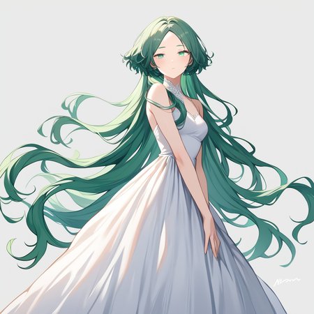 score_9, score_8_up, score_7_up, simple background, hair flowing over, 
1girl, jfcut, long hair, dress, green hair, parted bangs, 
 <lora:jellyfish_haircut_pony_v1:0.6>