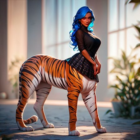 (((beautiful, high quality))), full Body, score_9, score_8_up, score_7_up, 
Сentaur, Centaur tiger, 1girl, dark skin, red eyes, blue hair, black top, skirt, red tiger,
looking at the viewer, posing, blurred background,