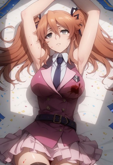 score_9,score_8_up,score_7_up, Expressiveh , source anime, shiny skin, perfect composition,  
aya_sugihara, 1girl, solo, twintails, empty eyes, thighhighs, necktie, skirt, brown hair, confetti, hair ribbon, breasts, long hair, ribbon, lying, large breasts, belt, zettai ryouiki, death, corpse, blood, shot, wound, sleeveless, pink waistcoat, white collared_shirt,arms up, armpits,sweat,