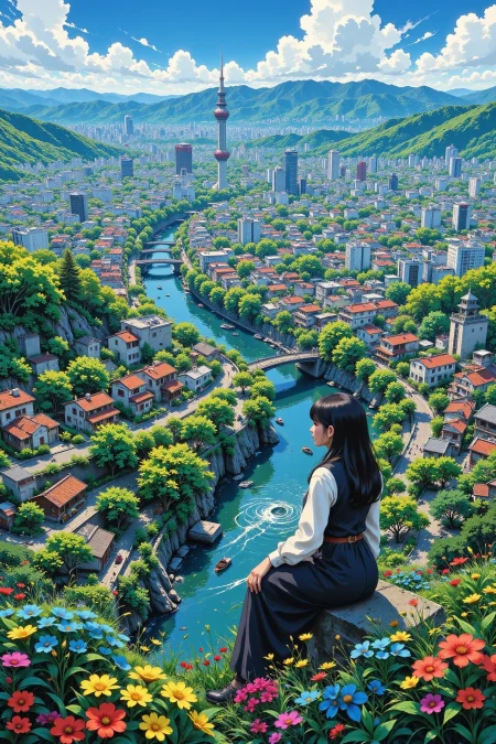 Seoul, Korea beautiful  landscape, morning, woman, very intricate, very detailed, sharp, bright, colorful, <lora:Hand v2:0.5> <lora:Anti-Blur:1><lora:Insane Detail Slider:0.25>  <lora:flux.1_lora_flyway_Epic-detail_v2:0.3> <lora:fluxenhancer:0.25> <lora:ROWER:0.6> <lora:flux-charmer-v1-1:0.4><lora:Vibrantly_Sharp_style_v.5:0.4> <lora:The_Dark_Side_Of_The_Future:0.3> <lora:Anime_style:0.8> anime style