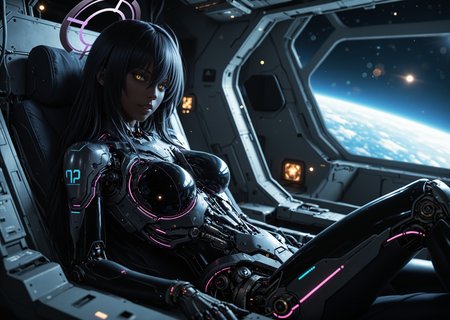 cyborg 1girl, angular, science fiction, futuristic, scenery, (karin \(blue archive\):1.0), sitting in space station, parted lips, mechanical torso, looking at viewer, black hair, yellow eyes, hair between eyes, dark skin, long hair, purple halo, creative angle, head tilt, (dutch angle, dynamic pose:0.9) BREAK masterpiece, best quality, absurdres, HDR, 8K, high contrast, film grain, cinematic lighting, realistic, depth of field, bokeh, neon trim, newest, aidmafluxpro1.1 <lora:- iLL - the_edgy_mech_V3.0:0.4> <lora:aidmaFLuxPro1.1-IL-v0.3:0.2> <lora:Hyper Helmets SDXL v1.0:0.5> <lora:CyborgMechExosuit_v1.5:0.7> <lora:ck-Sci-Fi-Concepts-IL-000015:0.15>âââ