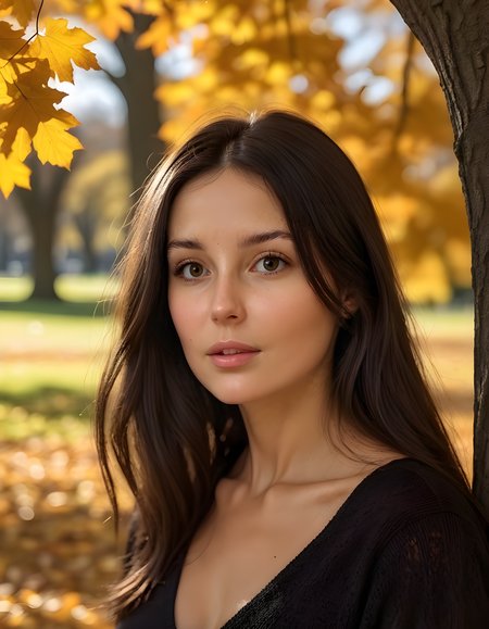 In a tranquil, sunlit park setting under the vibrant canopy of an autumnal tree, K3RRYC, a woman with long, dark brown hair and a noticeable mole on her left cheek, is captured in a striking portrait. She gazes introspectively at the viewer with closed, expressive brown eyes, her poised posture exuding an air of quiet strength and subtle confidence against the simple, soft-focused background that subtly highlights her elegant black outfit and understated elegance.