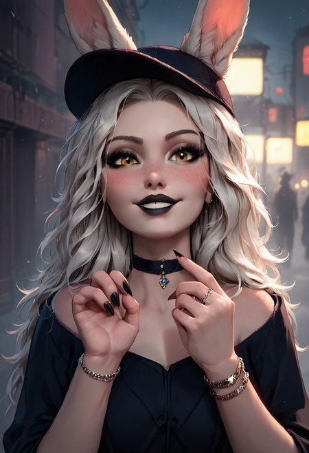 score_9, score_8_up, score_7_up, score_6_up, score_5_up, score_4_up, rating_explicit, 1girl, mischievous, Flora Heloise Daisy, fit woman, rabbit ears, rabbit tail, rabbit feet, 29 year old, face focus, blush, platinum blonde hair, beautiful face, bangs, ((Luscious hair, flowing hair, soft hair, full hair):1.2), black chocker, yellow eyes, toned, slender, perfect big saggy breasts, freckles, nice butt, wide hips, thick thighs, ((detailed fluffy fur, realistic fur, soft fur, fluffy fur, realistic lighting, natural lighting, soft lighting, subsurface scattering,):1.3), beautiful, (hazel eyes), detailed face, realistic face, make up, black lipstick,long nails, black nails, black eyes, sm eyeshadow, long eyelashes, eyeliner,full lips, close up on face, face close up, choker, rings, bracelet, perfect hands, seductive smile, great view,pose,
Break
Baseball cap, black hoodie, long skirt, smiling
Break
City streets, winter, paw pose, crouching, glowing, neon