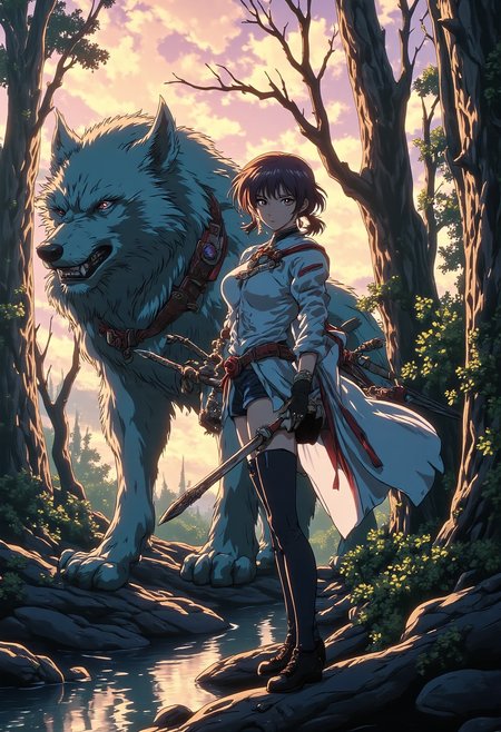 (silhouette of a direwolf), wooded stream, double exposure, crisp lines, double exposure background, hyperdetailed, concept art, egmid, looking at viewer, DreamArt, warrior girl with a spear next to direwolf,   <lora:FLUX - Surreal_Photo (Glitter):0.6> <lora:FLUX - MidJourney_Anime:1> <lora:FLUX - DreamArt Style:0.4> <lora:FLUX - Image Upgrader - Detail Maximizer:0.6>