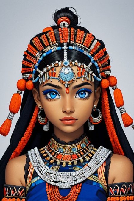 close-up photographic portrait of woman with strikingly vibrant blue-silver eyes. Supe shoulders showing. The face should, intricate, tribal-inspired art, patterns, reminiscent of beadwork and ceremonial embellishments, scheme, rich reds, oranges, blues --ar 2:3