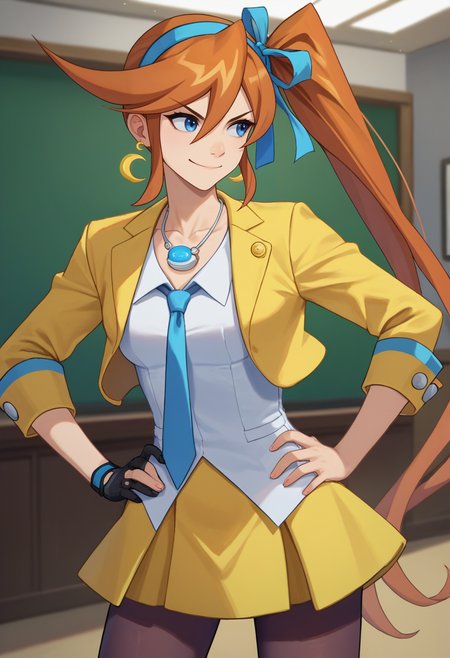 score_9, score_8_up, score_7_up, source_anime, solo, 1girl, athena cykes, smirk, looking away, hands on hips, side ponytail, hair ribbon, v-shaped eyebrows, yellow jacket, white shirt, blue necktie, single glove, yellow skirt, black pantyhose, jewelry, necklace, crescent earrings, indoors <lora:aa_athenacykes_ponyXL:1>
