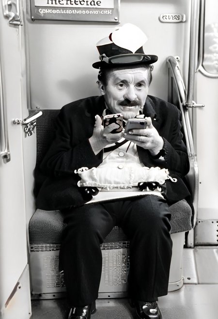 (((black and white, legsonthetra1n, from front, sitting across from viewer, train interior, holding phone, leg focus))),((small man with mustache, top hat, kenbis, chibi, chibi, male only, male, male chibi, monocle, art deco, thick mustache, comically large mustache, handlebar mustache, tiny, multiple men, shrunk, microxl, some little guys,  high angle, from above)), bwMovies, realistic, photo, vintage photo, ((very small man, small man, a small man, a man who is small, a small man)), an unapologetically small human male, black and white, smiling, very happy, euphoric, ecstatic, wonderful small men, large smile, huge smile