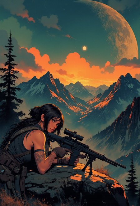 In the style of ff-td, nistyle, Silhouette Art, magnificent, crisp lines, closeup portrait of stunning mercenary, mountain top, overlooking a huge valley, beautiful girl, breasts, curvy, looking at viewer, laying on the ground, aiming a sniper rifle, dark braided hair, backwards hat, armor, sleeveless, arm sleeve tattoos, muscle tone, dogtags, sweaty, foreshortening, depth of field, at night, night, 
Closeup, detailed face, freckles,
