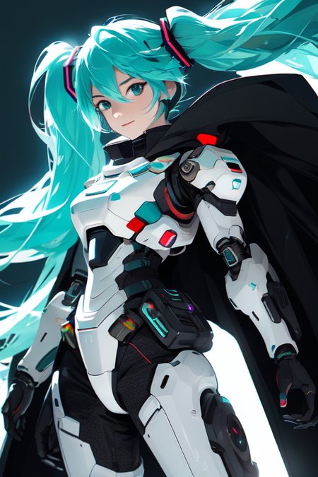 absurdres, hatsune miku, BREAK, (exosuit), mechanical arms, (black upper armor), solo, turquoise hair, long hair, (black cloak), looking at viewer, BREAK (at night), virtual world, 
<lora:nijiarmor_v2:0.9>