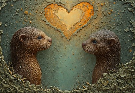 High resolution,Best quality,White Balance,light and shade contrast,rule of thirds,hyper Realistic,oil painting,negative space,wide shot.in the style of Peter Mohrbacher,frank frazetta,vibrant chemigram,Layered Paper,Paper Quilling,artchlr,

two otters facing each other, heads together,in a forest,(the negative space making an heart shape between them), looking out over a lake
