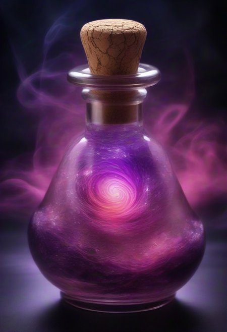 Score_9, Score_8, Photorealistic magic potion, intricate glass bottle, vibrant swirling purple and pink colors, ethereal light, wax seal, cork, dynamic reflections, magical aura, highly detailed, fantasy essence, glowing particles, radiant aura