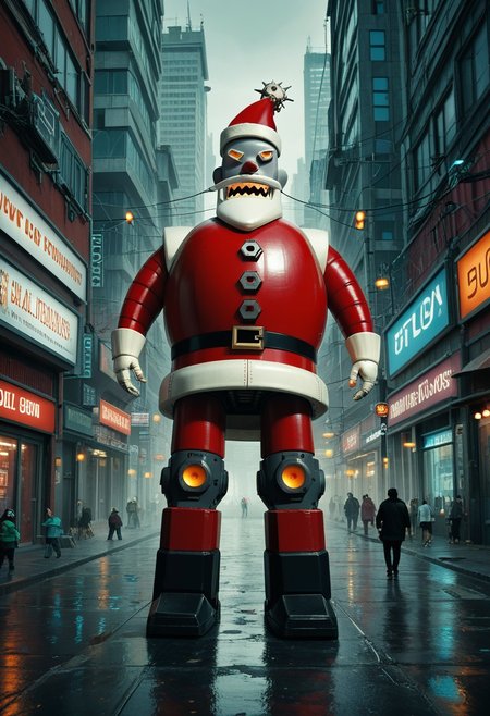 score_9, score_8_up, score_7_up, r0b0t_s4nta_c1aus 1Santa and a robot, 
hyper-detailed linework, intricate compositions, dynamic perspectives, dystopian themes, chaotic energy, industrial settings, graphic violence, bold contrasts, surreal elements, mechanical complexity, expansive cityscapes, sci-fi influences, visual overload, realistic textures, maximalist comic art style.