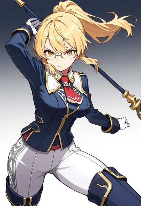 (score_9, score_8, score_7),masterwork, masterpiece, best quality, blonde hair, ponytail, glasses, sharp eyes, serious expression, navy blue military uniform, gold trim, white high-waisted pants, red ribbon necktie, silver brooch, armored gloves, long-sleeved jacket, high boots, vertical stripe pattern pants, dark blue boots with gold edges, white gloves, staff weapon,dynamic pose,fighting pose