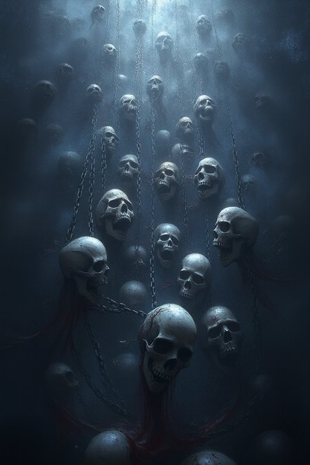 ahx，This is a very detailed digital artwork in a dark fantasy style,a painting of skulls floating under a veil trying to escape out,a fine art painting,cgsociety,fantasy art,detailed painting,concept art,artstation hd 5,