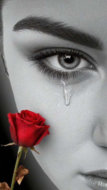 artwork featuring a highly detailed, realistic close-up of a human eye. The eye is depicted in grayscale with intricate shading and textures that mimic the appearance of actual human skin and eyelashes. The eye is teary, with a single tear rolling down the cheek, adding a sense of emotional depth to the composition. The tear is rendered in a smooth, glossy texture that contrasts with the rougher texture of the skin.In the foreground, there is a single, vivid red rose with a few dried leaves at its base. The rose is positioned slightly off-center to the left, adding a dramatic and striking contrast to the grayscale background. The petals of the rose are soft and delicate, with a slightly wrinkled texture, and the stem is slightly bent, giving it a natural, lifelike appearance.The background is a gradient of shades of gray, which helps to emphasize the tear and the rose, making them the focal points of the image. The overall style is realistic with a touch of hyperrealism, capturing the fine details of both the eye and the rose, creating a poignant and emotionally charged scene. ,aidmaimageupgrader, aidmaMJ6.1 <lora:aidmaMJ6.1-FLUX-v0.5:0.7> <lora:aidmaImageUprader-FLUX-v0.3:0.4>