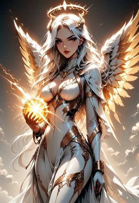 score_9, score_8_up, score_7_up, (Western Comics), a full body image of a sexy mechangel girl, caucasian, seductive, (glowing wings), solo, glowing armor, glowing halo, glowing mechanical 4 wings (hyperdetailed:1.15), detailed, light passing through hair, (ultra detailed, high quality texture), (sharp), (artistic image), 32K, 4K, ULTRA HD, small waist, large breasts, tight white bodysuit with, crop: -5, (3/4 portrait), wide view, ((her whole head and hair is visible)), zoomed out, ((wings completely visible)), (from thighs and up), wings folded along her body, cowboy shot, angelify, (monochrome background), (nothing in background), plain background, Long flowing white hair, wings fully visible, hkmagic, ((holding a long magical wizard staff by her side with both hands))