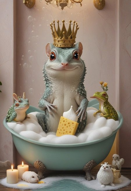 A small, adorable frog in a cozy bathtub filled with lots of foam and bubbles. The frog is splashing around, surrounded by fluffy white bubbles, some foam is stacked on top of its head. The frog is wearing a golden crown, and its tiny paws are reaching out as if playing with the bubbles, with a joyful and curious expression on its face. In the background, a series of cute animal servants, such as a mouse, a lizard, and a hornbill, are holding various bathing utensils like soap, a back scrubber brush, a towel, and a bathrobe. The bathroom setting is soft, with pastel and gold colors and gentle lighting to emphasize the cozy and cute atmosphere. Candles in the background underline the cozy atmosphere. The entire scene is rendered with meticulous attention to detail, reflecting a fusion of Dulk's playfulness and Dalí's surrealism, making it a captivating piece. Photorealistic Image, 64K, hyper detailed, soft light, pastel colors.