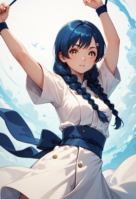 (tadokoro megumi),
score_9, score_8_up, score_7_up,masterpiece, best quality, ultra detailed, 
A picture of a girl, solo, dynamic pose,  dynamic angle, the girl is wearing a cook uniform,
A Japanese 1girl has blue hair which was bound into twin braids, yellow eyes and brown pupils, round face, (tender and slender:1.21) body with medium breasts, <lora:TadokoroMegumi_Pony_r1:1>