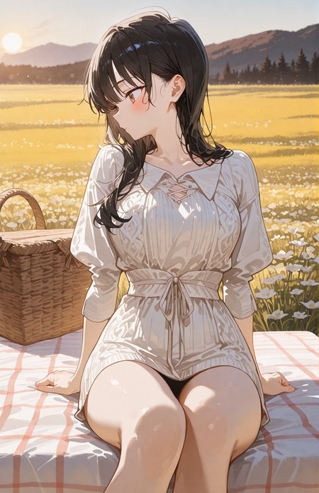 perfect quality,high quality,masterpiece,best quality,amazing quality,very aesthetic,Cinematic Lighting,newest,Tactical use of shadow,
straight-on,profile,head_tilt,Joyful laughter,
yamadaanna cyql,1girl,blush,long hair,black hair,brown eyes,
legs_together,hands_on_own_chest,
Zen style,minimalist clothing,natural fabrics,neutral colors,clean lines,understated accessories,relaxed silhouettes,mindfulness-inspired fashion,
Meadow,Picnic basket,Afternoon sun,Flowers,Relaxation,
<lora:ponyv4_noob1_2_adamW:0.5>,<lora:spo_sdxl_10ep_4k-data_lora_webui:0.6>,<lora:USNR STYLE_XL_loha:0.45>,<lora:illustrious_all_rated_v1:0.6>,<lora:HG2512 by CYQL:0.4>,HG2512,<lora:Yamada Anna_Illustrious by Cyql:1>,