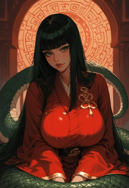 1girl, breasts,  solo, huge breasts, tail, scales,  snake girl, lamia, east asian architecture, green hair, absurdly long hair, very long hair,  green eyes, black hair, blunt bangs, colored eyelashes, green eyelashes, green scales, gold trim,  dynamic lighting, sitting, upper body, 
red hanfu, wide sleeves, red clothes, kimono,, zPDXL3, detailxl,  Score_PnyReal, (lineless:1.5)