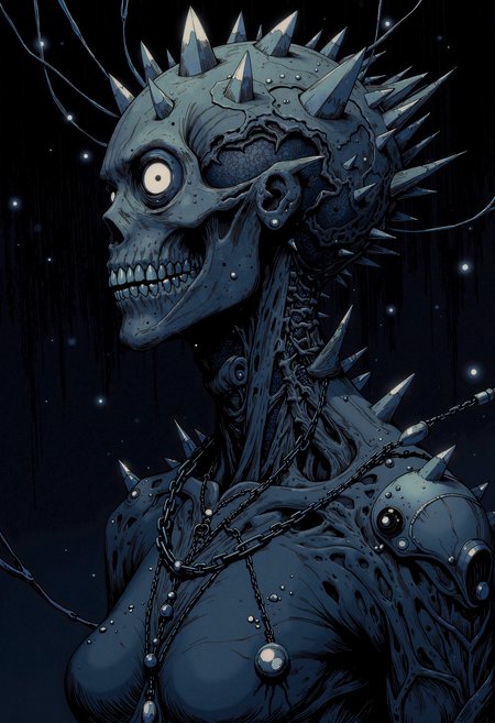 A hauntingly beautiful hyperrealistic digital painting of a grotesque, crystal-encrusted character portrait. The subject, a once-powerful crystal-magic user, now deceased, is rendered in extreme close-up, their face a testament to their tragic obsession. The palette is dominated by deep, foreboding monochromatic tonesâshades of black, grey, and dark blue, creating a somber, cinematic atmosphere. Loose, expressive brushwork with visible texture adds a sense of raw intensity and movement. The characterâs body is horribly deformed, partially crystalized, with large, jagged crystals protruding from their skin, nose, ears, and eye sockets. Their skull is misshapen, stretched to accommodate a crystalized, protruding brain, a grim result of their quest for infinite knowledge. Despite their terrifying appearance, the character retains a haunting trace of their former beauty, with deep mulberry undertones in their skin and an impossibly tall, dark, and serpent-like presence. The lighting is dramatic, with deep shadows accentuating the eerie, otherworldly transformation, as if the malevolent cosmic force they sought to control now dominates their being. The overall composition is highly stylized, intricate, and detailed, capturing the essence of a being consumed by ambition and remade in the image of a terrifying, eldritch power., Special Ink-drawing mode, intricate linework with expressive contrasts, soft lighting with dynamic highlights, 2D flat anime GTHAN, Gothic, ZanyEyesStyle, Nistyle,.,hyperrealistic digital painting, extreme close-up, character portrait, dark monochromatic color scheme, shades of black grey dark blue, somber foreboding atmosphere, loose expressive brushwork, visible texture, intense movement, deceased crystal-magic user, grotesque deformation, partial crystallization, crystals protruding from skin nose ears eye sockets, misshapen skull, crystalized protruding brain, quest for infinite knowledge, tall dark creepy scary, highly stylized intricate detailed, deep mulberry undertones, serpent-like presence, dramatic lighting, deep shadows, eerie otherworldly transformation, malevolent cosmic force, eldritch power, haunting trace of former beauty, cinematic, intense emotional weight, tragic obsession, preserved for eternity, deformed remade in frightening image, cosmic influence, malevolent energy, dark magic corruption, crystalized flesh, intricate crystal, Special Ink-drawing mode, intricate linework with expressive contrasts, soft lighting with dynamic highlights, 2D flat anime GTHAN, Gothic, ZanyEyesStyle, Nistyle,.,<lora:FLUX_anime_Special Ink-drawing mode_merge_24_medium_3_00001_:0.374> Special Ink-drawing mode, intricate linework with expressive contrasts, soft lighting with dynamic highlights, 2D flat anime<lora:GTHAN-F:0.66> GTHAN, Gothic,<lora:ZanyEyesStyleFlux:0.247> ZanyEyesStyle,<lora:test2-000013-nistyle:0.583> Nistyle