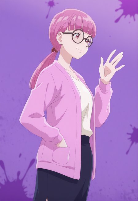anime screencap, anime coloring, 1girl,  solo,    <lora:DX888TerukoIL:1> matsubara teruko, red eyes,freckles, pink hair, long hair, low ponytail, glasses, pink blazer, white shirt, pencil skirt, BREAK purple background, splatter background, BREAK dutch angle,  from side, dynamic pose, posing, smile,       waving, standing, legs apart,  upper body,