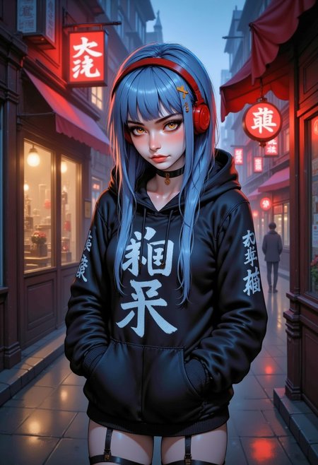 This is a highly detailed digital illustration depicting a young woman standing in a dimly lit, neon-lit alleyway at night. The woman has a pale complexion, very long blue hair, and large, expressive red eyes. She is wearing black hoodie.  her hands are in the hoodie's pockets.Her outfit includes a red choker, black finger-less gloves, and black suspender stockings.  Her black hoodie has white kanji characters on it.  The hood of her hoodie is down.  She has a pair of very large, red headphones over her ears. The alleyway is lined with traditional Japanese-style shops, with red and white lanterns hanging above and red kanji characters on the shop signs. The ground is wet, suggesting recent rain, and the alley is dimly lit by the neon lights, casting a cool, blue hue over the scene. In the background, a blurred figure of a man walking away adds depth to the setting. The overall atmosphere is moody and slightly eerie, with a blend of modern and traditional elements, creating a unique and immersive urban fantasy aesthetic. Realistic anime style. Closeup.