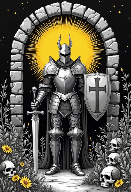 high quality, highly detailed, colorful, abstract, fantasy, fantasy background, The image is a black and white illustration of a knight in full armor, standing in front of a stone archway. The knight is holding a sword in his right hand and a shield in his left hand. He is wearing a helmet with spikes on top, and his face is covered in a mask. The armor is made up of multiple layers of metal, with intricate patterns and designs. The shield is also covered in armor and has a cross on it. The background is dark, and the archway is made of stone, with a large yellow sunburst design in the center. Surrounding the knight are various plants and flowers, including leaves, flowers, and skulls. The overall mood of the image is dark and ominous., aby Lens, medium shot, looking at viewer, deep focus, Canon EOS M50 Mark II Mirrorless Camera, soft light<lora:FLUX\boFLUX Neon Abyss.safetensors:0.6:0.6>