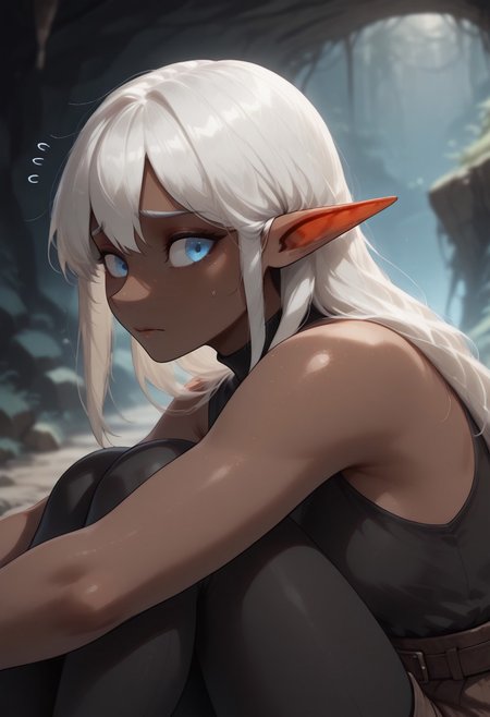 masterpiece , best quality , highly detailed, ultra quality, best shadow, extremely delicate and beautiful, detailed light, depth of field, detailed eyes, detailed hand, perfect ears, perfect face, perfect eyes,
Solo, 1girl, Garial, white hair, dark skin, blue eyes, black sleeveless top, black leggings, sitting, knees up, looking upward, nervous expression, close up, face focus, side view,
Underground, organic cavern background,
