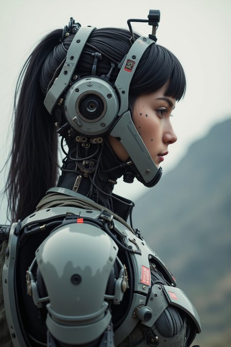 shoulder-up portrait of a mechanized scout with human female face and long unkempt black hair, rest of head encased in matte gray segmented plating with antenna clusters and sensor domes embedded, visible wiring runs along the neck and into a lightweight armored shoulder rig, subtle scratches and tracking marker tattoos under her eyes, one shoulder bears a laser rangefinder and camera gimbal, background is a hazy mountain ridgeline under overcast sky, tactical and restrained color palette, photorealistic with subdued tone  








mg-mk.1