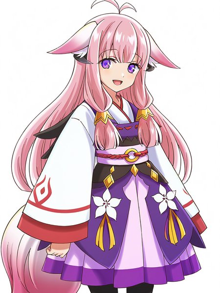 score_9, score_8_up, score_7_up,  
1girl, hina rf, long hair, pink hair, purple eyes, low-tied sidelocks, horns, fox ears, fox tail, 

japanese clothes, white shirt, long sleeves, purple skirt, pantyhose,
standing, arms at sides, smile, open mouth, looking at viewer,
white background, solo,