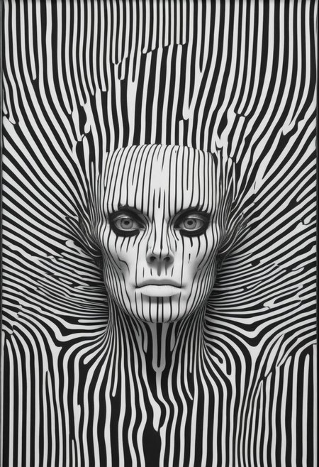 bw-grignani, surreal Alien Portrait By HR Giger embedded in perfect emphasis lines, made of Stripes, perfect bold lines,