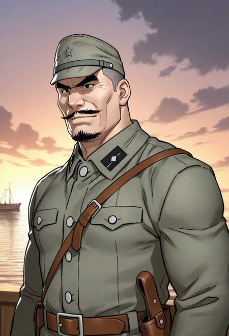 1boy, dawn, (upper body:1.5), standing, ocean, cloudy sky, ship,
BREAK
<lora:Military_Policeman_from_Hikokumin_by_Gengoroh_Tagame_v0.2:1>
kenpei, old man, buzz cut, goatee, thick eyebrows, black eyes, mustache, muscular,
BREAK
military uniform, military hat, shoulder strap, belt, holster,
BREAK
very awa, masterpiece, best quality, absurdres, newest, perfect quality, detailed background, intricate details,