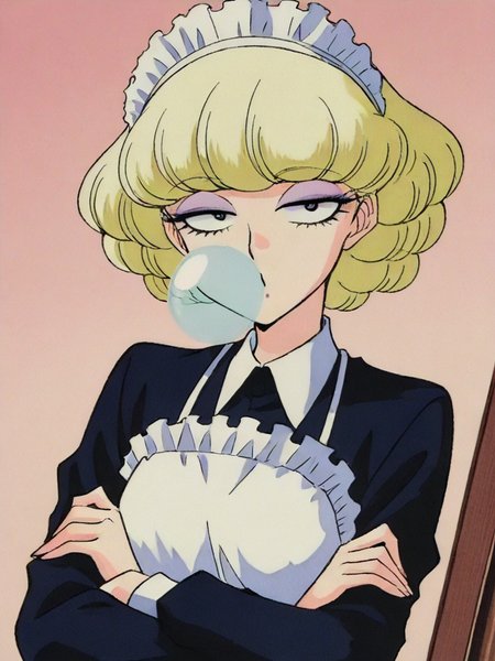 score_9, score_8_up, score_7_up,  
1girl, irene dr, blonde hair, curly hair, medium hair, eyeshadow, sanpaku, narrowed eyes, 

maid, maid headdress, maid apron, black dress, long sleeves, crossed arms, looking at viewer, blowing bubble, bubblegum, indoors,