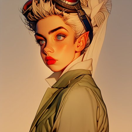 score_9, score_8_up, score_7_up, score_6_up, ArsMJStyle, Colored pencil hyperdetailed realism, 1girl, sideview, Tinkerbell, 1girl, solo, fairy, glowing, blonde hair, single hair bun, pointy ears, makeup, fairy wings, medium breasts, big round eyes, big blue eyes, The image is a portrait of a fairy woman wearing futuristic-looking goggles.  The goggles are green and have a pair of ribbons attached to them. The woman is wearing a green jacket with a white fur collar and a silver scarf tied around her neck. She has a flying skull emblem on her chest. She is also wearing red lipstick and has her hair styled in a bob. The background is a light white color. The overall style of the image is reminiscent of a vintage or retro aviator or pilot's uniform, close up  
Semi-realism