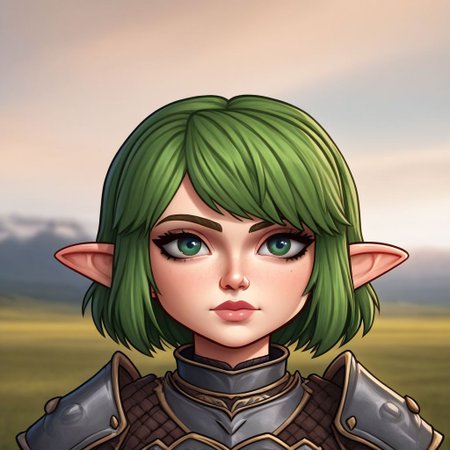 portrait,
Gnome, short stature, big round ears, 
1 girl, green hair, green eyes, armor,
fantasy background, blurred background