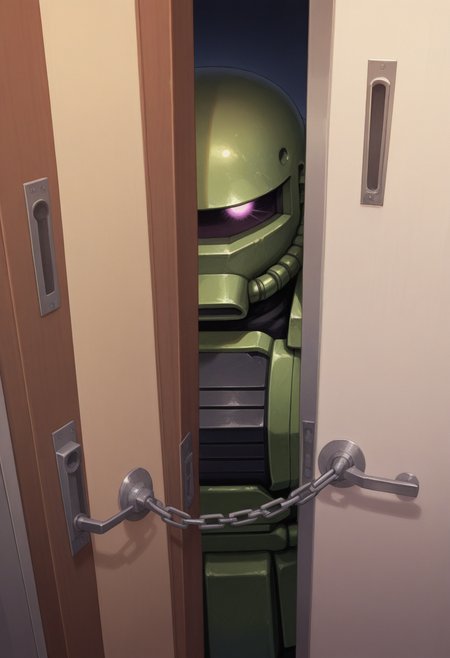 ((safe)), zaku ii, door chain, peeking out, open door, chain, pov doorway, opening door, close-up, best quality, amazing quality, very aesthetic, absurdres,   <lora:doorchain_Illust_v1:1>