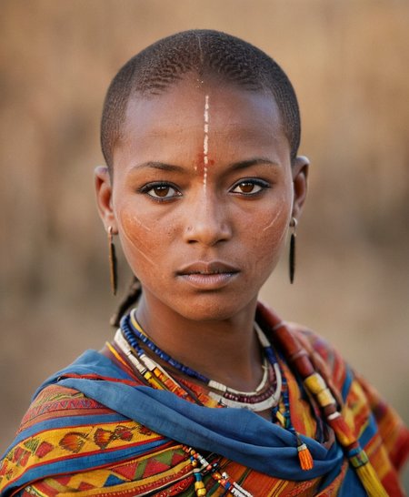Photography in (stvmccrr style), a young  Maasai woman with striking brown eyes, cultural portrait, emotive humane photography, rich colors, analog film, film grain, kodachrome, intricate details, insanely detailed, natural lighting, 8k, hdr, masterpiece, award winning photography, Fine art photography style, film photography style
