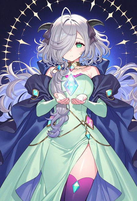 (score_9, score_8, score_7), masterwork, masterpiece, best quality, beautiful eyes, beautiful face, detailed eyes,detailed face, 1girl, eitr01, long silver hair, side-swept bangs, black curved horns,  
mint green dress, ivory outer layer, deep violet inner skirt, high slit dress,  
purple thigh-high stockings, navy blue and violet cape,  
shiny crystal decorations, glowing light blue and pink gems, golden choker with geometric ornament, dynamic angles