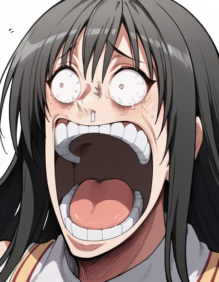 score_9, score_8_up, score_7_up, source_anime, <lora:yui-kotegawa-darkness-ponyxl-lora-nochekaiser:1>, yui kotegawa, black hair, long hair, large breasts, <lora:enel-face-ponyxl-lora-nochekaiser:1> enel face, open mouth, wide-eyed, teeth, tongue,, , ,