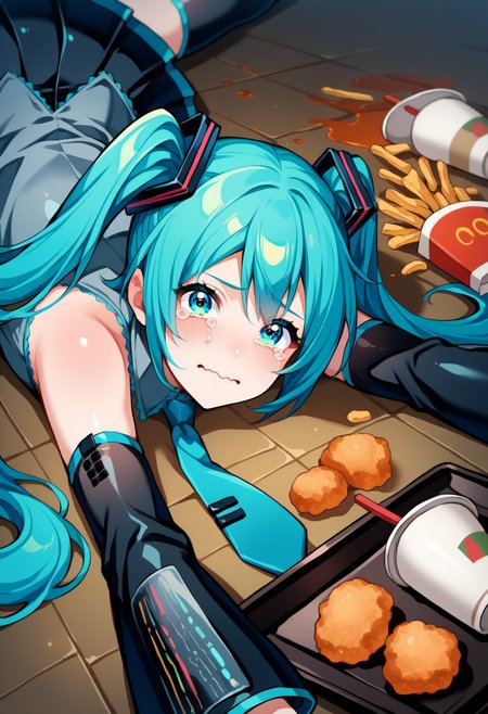 masterpiece, best quality, high quality, apuspills, 1girl, hatsune miku, aqua hair, aqua eyes, necktie, bare shoulders, grey shirt, detached sleeves, collared shirt, black thighhighs, pleated skirt, tears, on stomach, wavy mouth, lying, on floor, fallen down, crying with eyes open, looking at viewer, looking up, tray, french fries, chicken nuggets, disposable cup, spill,<lora:apu_spills_his_tendies_meme-10-NOOB-EPS:0.8>