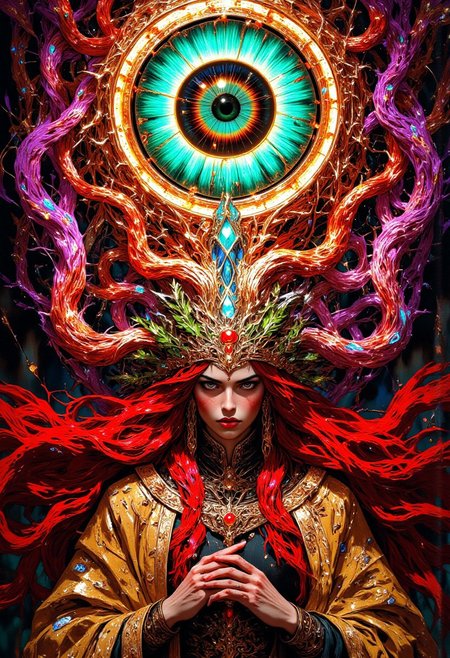 Hyper-detailed digital artwork inspired by Alphonse Mucha for character design, Salvador Dalí for surrealist style, and James Jean for vibrant coloring, blending optical artistry with spiritual symbolism. This surreal masterpiece features vivid neon colors in a mesmerizing optical illusion. At the top center, a glowing eye stares directly at the viewer, its iris swirling with radiant blues, greens, and purples, blending seamlessly into a prismatic gradient. Concentric magenta and yellow rings spiral outward, radiating motion and depth. Below, a breathtaking woman with cascading red hair, her exaggeratedly long ends floating weightlessly, commands attention. She wears a thorn crown with intricate glowing accents, lending a divine yet haunting aura. Draped in a golden robe adorned with shimmering green vines and dark flowers, her serene face exudes mystical power. One hand is raised in an authoritative gesture while the other rests gracefully on her chest. Surreal vines coil dynamically around her, framing her presence. The background, shifting between electric reds and teals, creates a kaleidoscopic dreamscape. Polished textures, vibrant contrasts, and precise details merge into a visually stunning fusion of surrealism and spiritual mysticism. (mythp0rt, DB4RZ, DB4RZ style painting,aidmaMJ6.1)