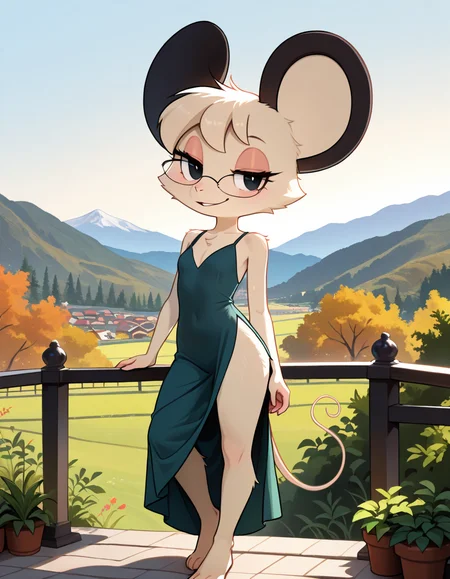 masterpiece, best quality, very aesthetic, absurdres,
outdoors,
full body, standing, posing, 
 seductive smile, parted lips, long eyelashes,
 <lora:Tamy_v01_NAIXL:1>
T4my,1girl,solo,furry,furry female,mouse girl,short hair,mouse ears,black eyes,glasses,animal nose,body fur,white fur,mouse tail,