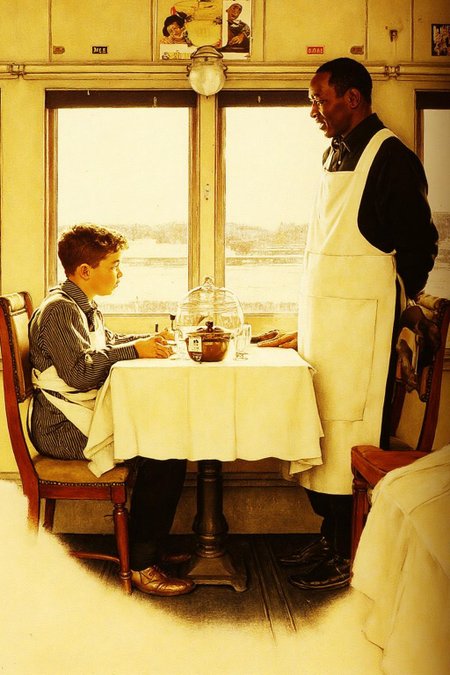 normanrockwell1 painting. 
A scene inside a train's dining car.
On the left is a young boy sits at a small table. He is dressed in a striped shirt and suspenders, with a white apron tied around his waist.
On the right is an African American waiter, looking at the boy with a kind expression.
 <lora:normanrockwell1_cap_d6a3e12:1.0><lora:841444291831262438:0>