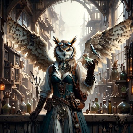 score_9, score_8_up, score_7_up, Owlfolk, feminine owl alchemist, building a clock work robot, in a curio shop, long copper colored feather, tinker-alchemist preparing potions and gadgets, 
side ponytail, Steampunk goggles, goggles on head,  (Alchemy and Tinker shop, blueprints on walls, tools, potions, bottles, workbench, wooden walls, wood furniture, schematics on wall, blueprints on wall, Interior:1.1)
(Cleavage:1.2), skirt, translucent shirt, green corset, panty shot, leather belt, Brown Backpack, too many pouches,  thighs, gloves