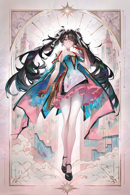 8k, masterpiece, best quality, amazing quality, very aesthetic, absurdres, (ultra-detailed), (high detailed skin), 
((artist:betabeet)), artist:john_kafka, artist:nixeu, artist:quasarcake, (artist:fuzichoco), (artist:atdan), (artist:torino_aqua), 
(by xilmo, by modare, by reoen:1.1), (hyperrealistic:1.1), (high_contrast:1.1), (holy_(\theme\):1.2), (card_\(theme\):1.1), solo, (white-color-scheme:1.1), character card, abstract sun, moon and stars, solo, 
<lora:zhezhi-noob-Tanger:0.9>, zhezhi, default clothes, white pantyhose, 1girl, long hair, black hair, glasses, twintails, dress, black footwear, 
<lora:neg101-000008:0.5>, murals, holy light, mural sun, simple white background, angels come, clouds, card border, frame pattern, facial lighting,